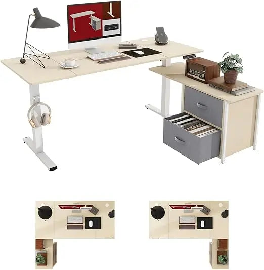 63" L-Shaped Electric Standing Desk with 2 File Drawers, USB Ports & Adjustable Height
