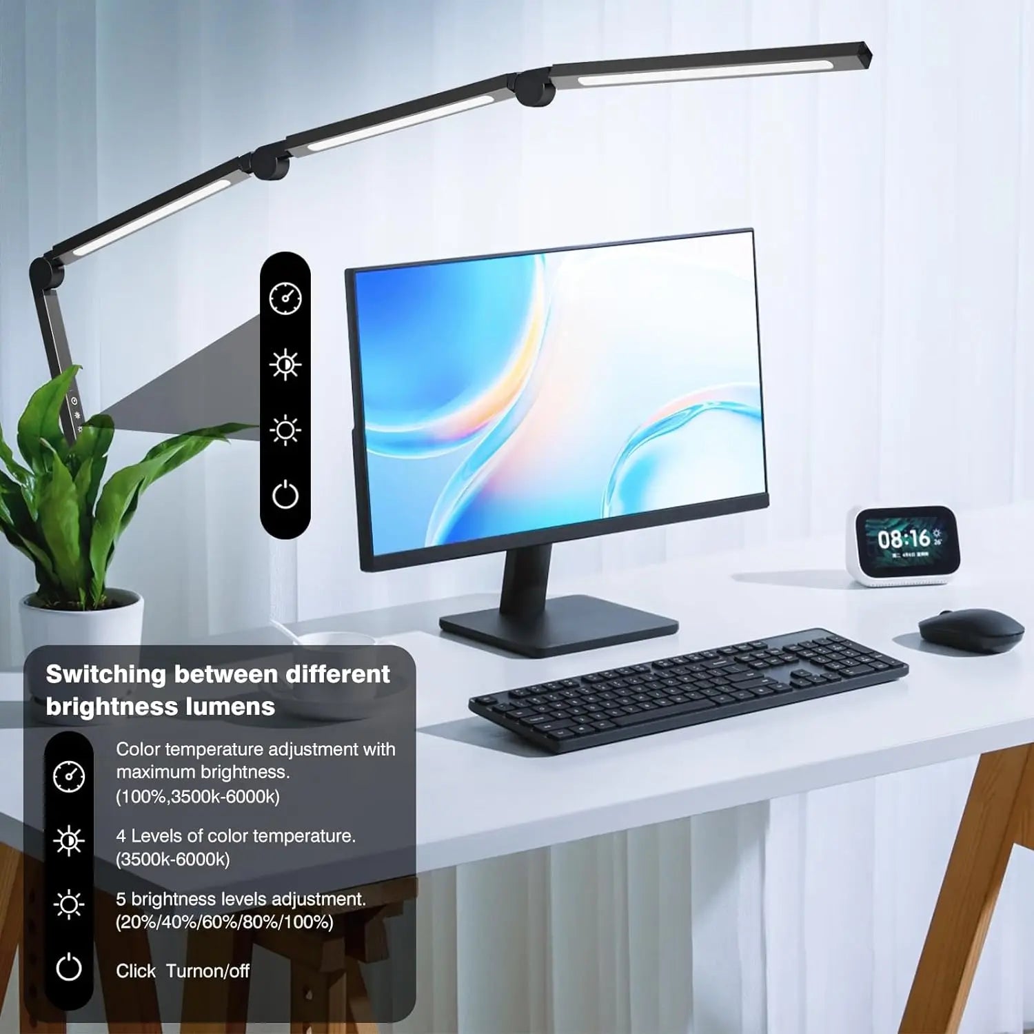 LED Desk Lamp with Clamp – Flexible Arm, 3 Light Sources, 4 Color Modes, Dimmable & Eye-Friendly