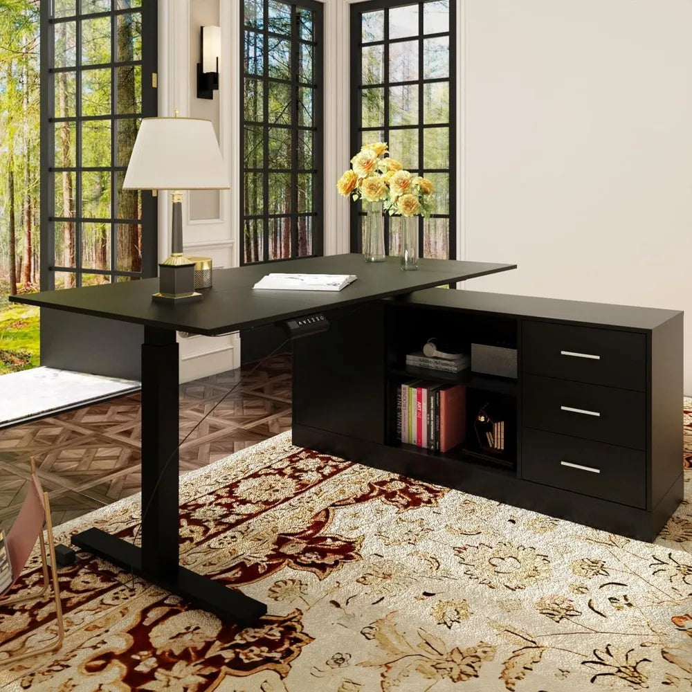 Home Office Electric Standing Desk with Drawers & Shelves, Adjustable Height, Reversible Shape