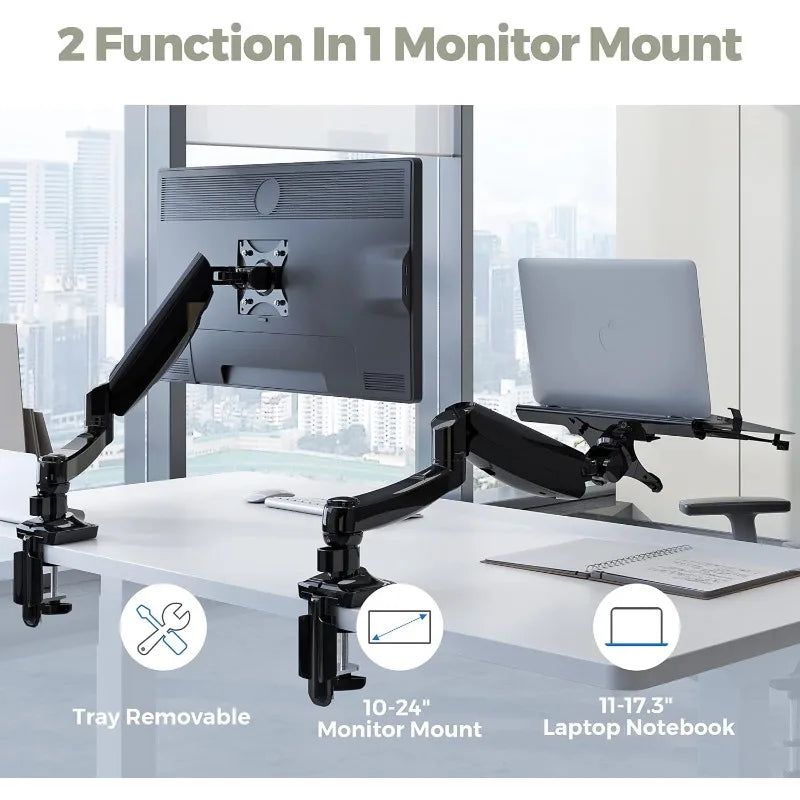 2-in-1 Monitor Arm and Laptop Mount | Adjustable Gas Spring Desk Stand for 10-24 Inch Screens