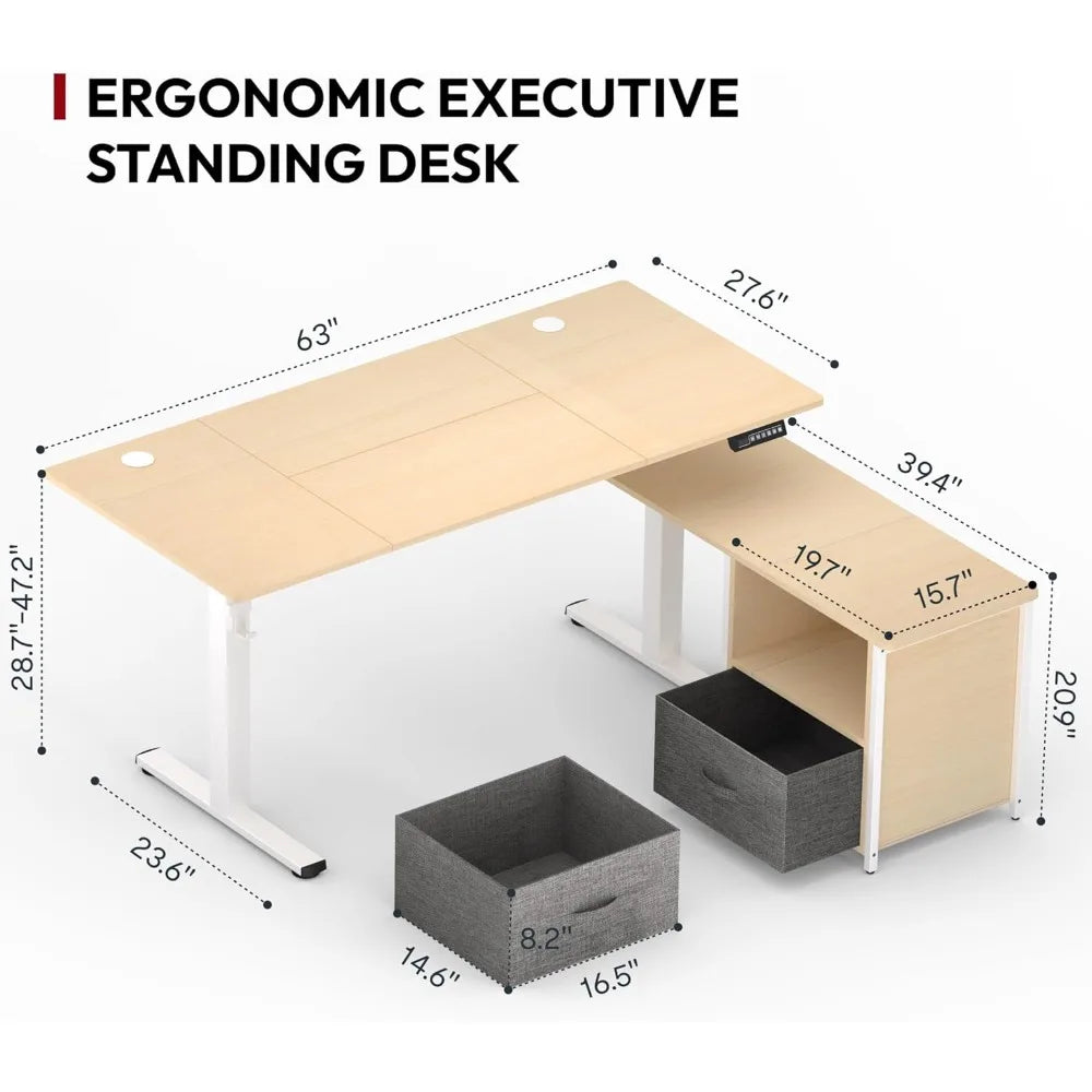 63" L-Shaped Electric Standing Desk with 2 File Drawers, USB Ports & Adjustable Height