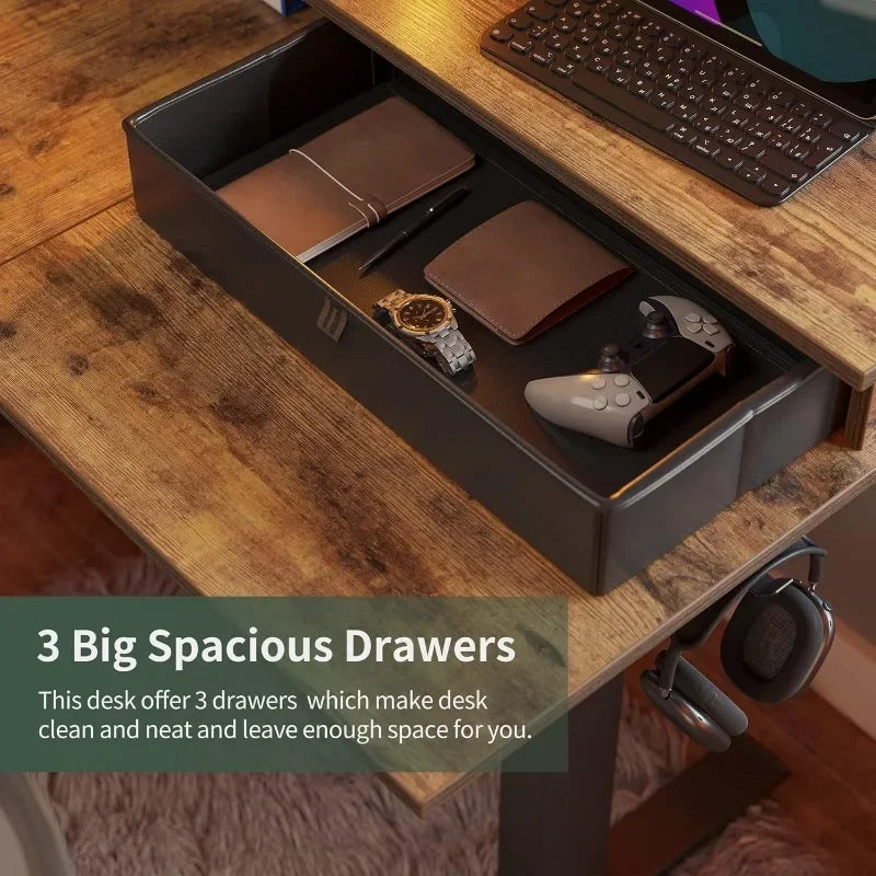 L-Shaped Electric Standing Desk with Drawers, 3-Motor Lift System