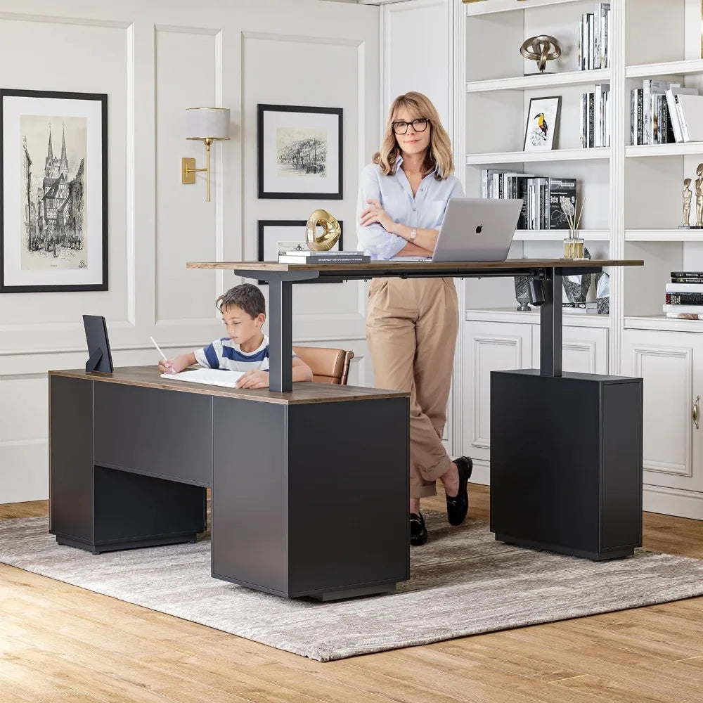 63" L-Shaped Executive Standing Desk with File Cabinet & Adjustable Height