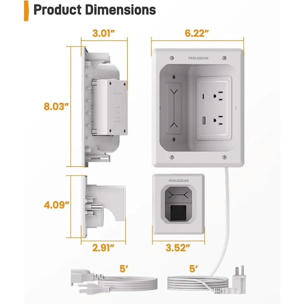 Cord Hider for Wall Mount TV with AC Outlets, USB-A, and USB-C | In-Wall Cable Management Kit