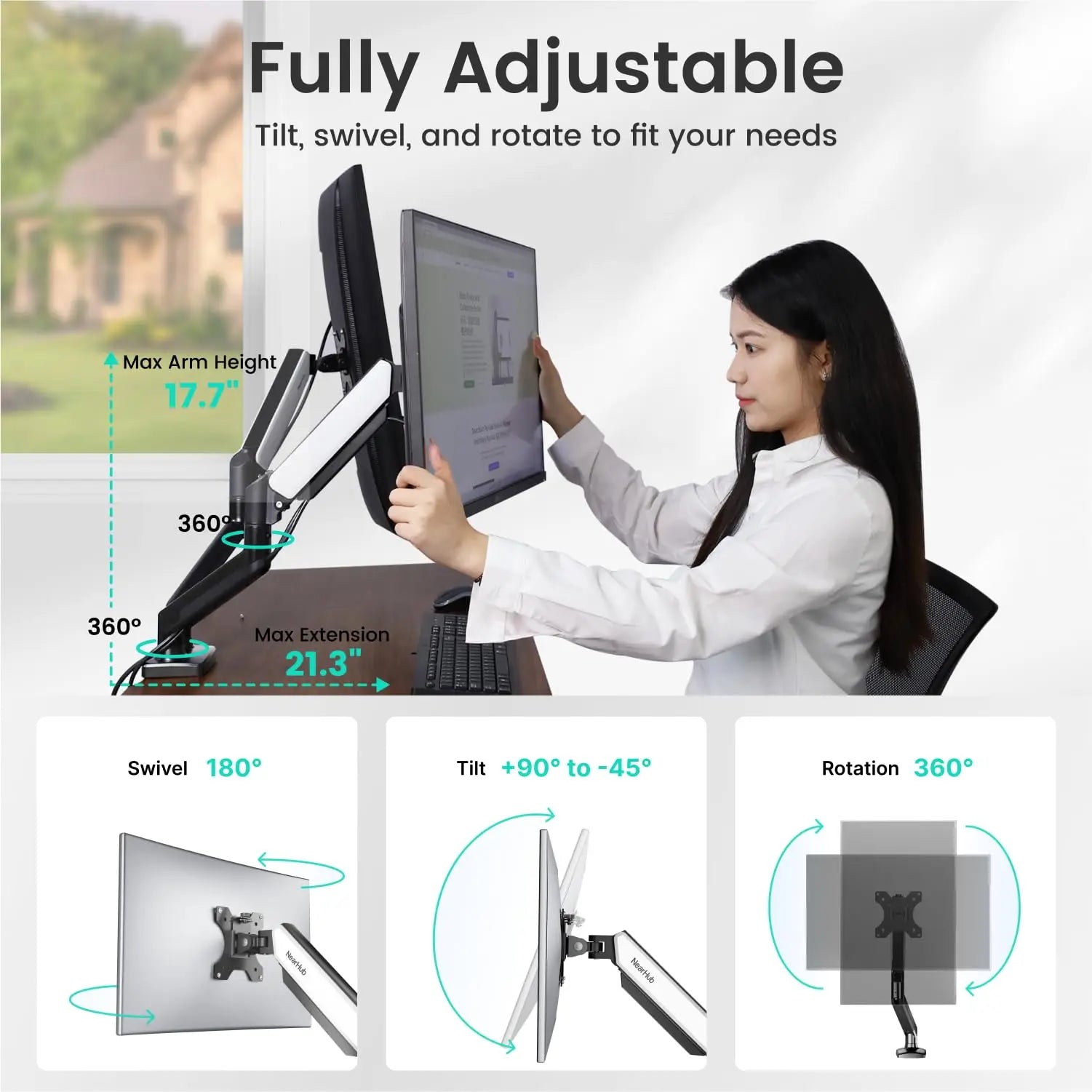 Nearhub US Free Shipping Monitor Arm Dual Arm With C-Clamp Grommet Mount,Flexible Adjustment Effortless Installation Monitor Arm