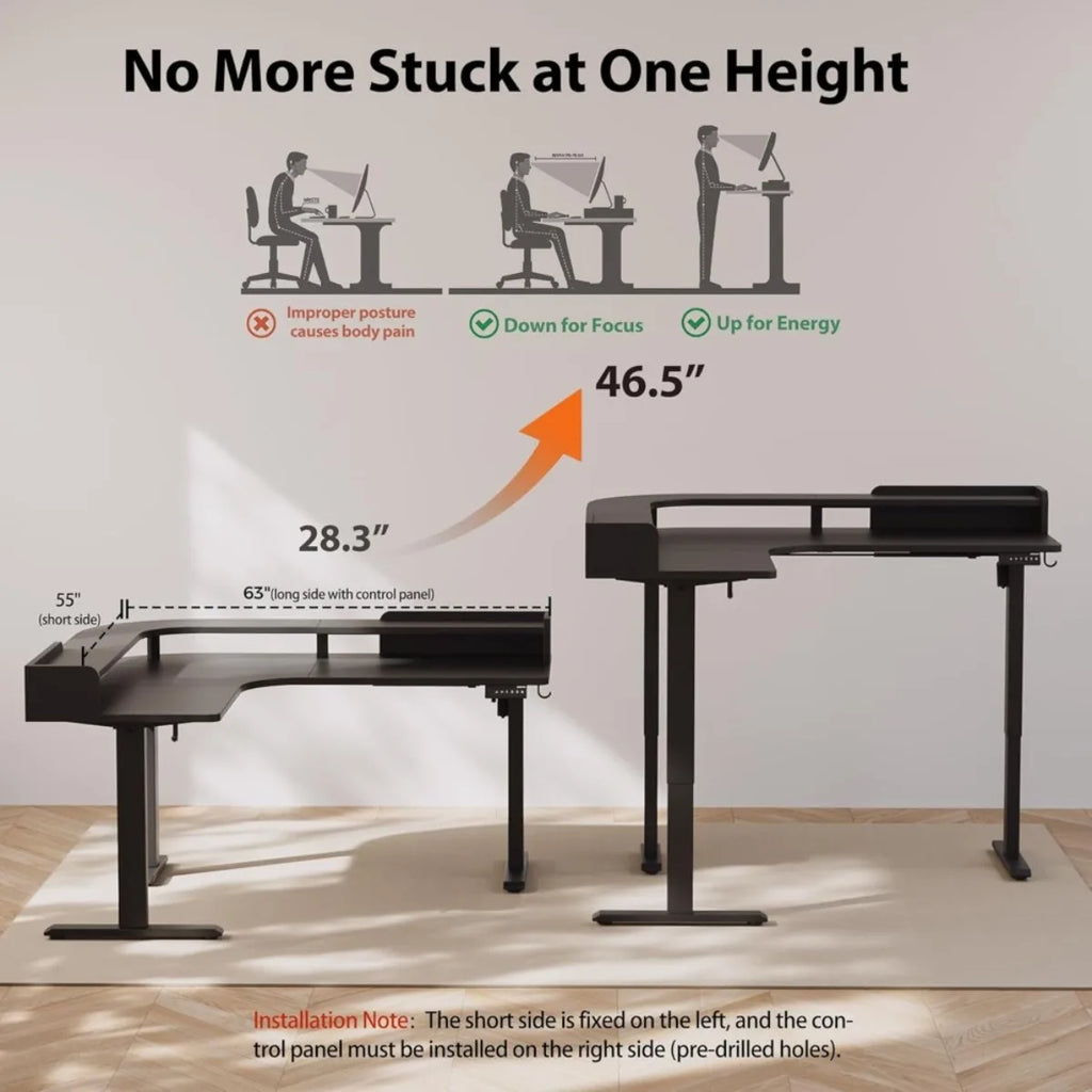 63" L-Shaped Electric Standing Desk with Monitor Shelf & Adjustable Height