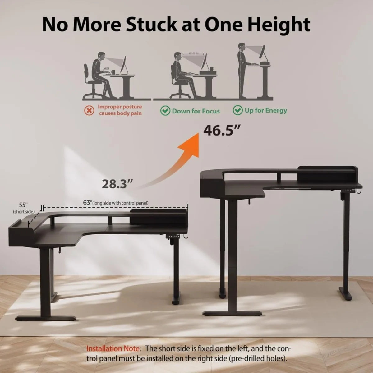 63" L-Shaped Electric Standing Desk with Monitor Shelf & Adjustable Height