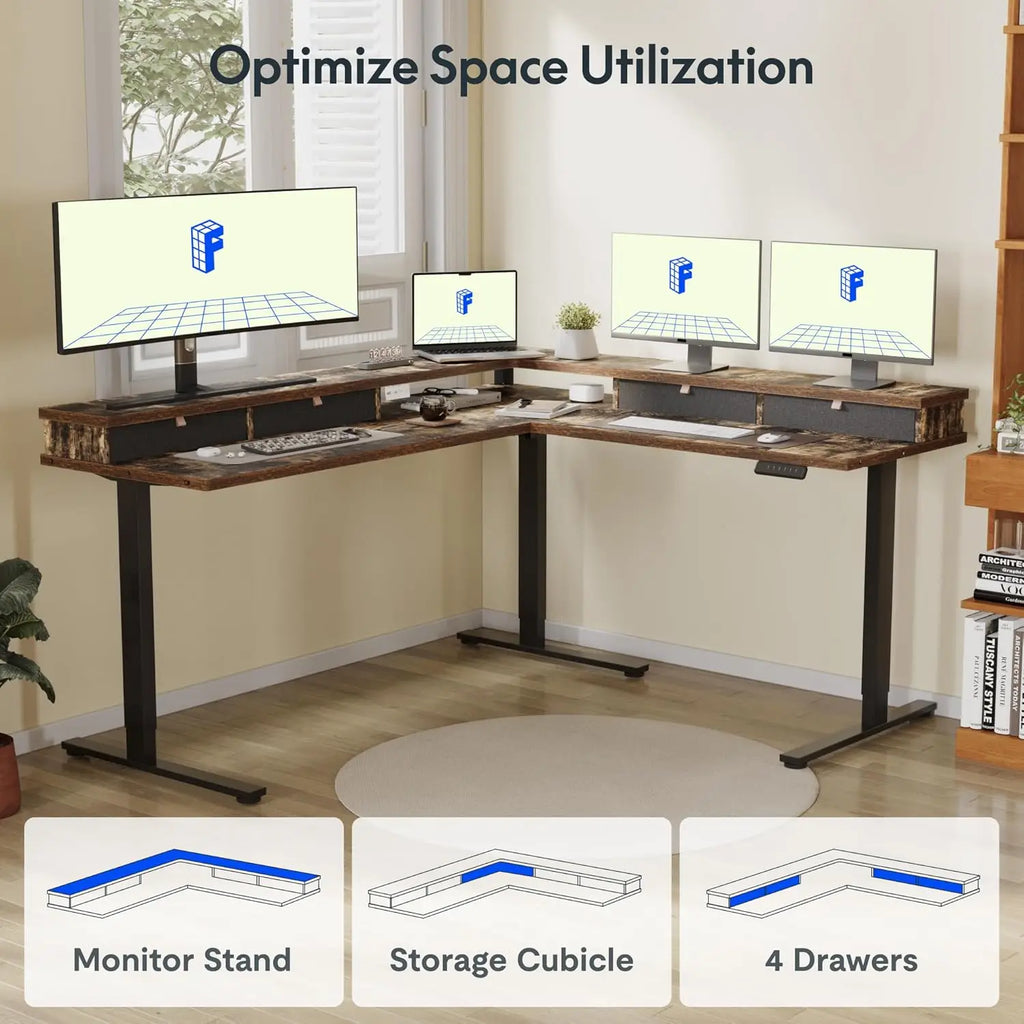 63" L-Shaped Electric Standing Desk with 4 Drawers, Shelf & Adjustable Height