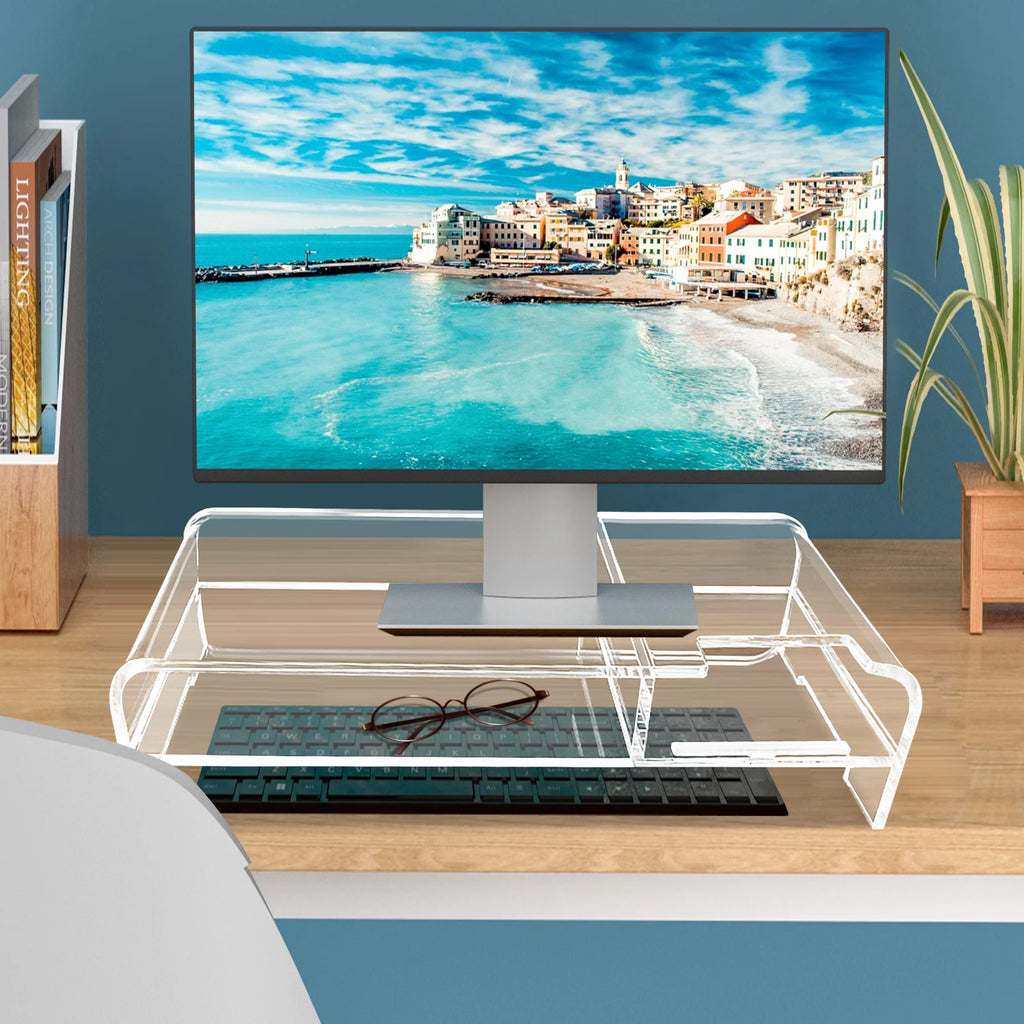 Monitor Stand Desk Organizer | Clear Acrylic Desktop Riser for Laptop, TV, or Printer