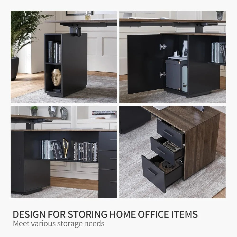 63" L-Shaped Executive Standing Desk with File Cabinet & Adjustable Height