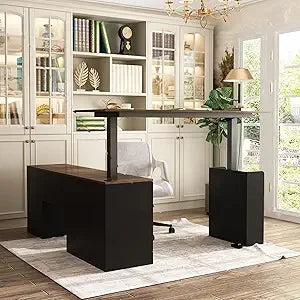 Home Office Electric Standing Desk with Drawers & Shelves, Adjustable Height, Reversible Shape