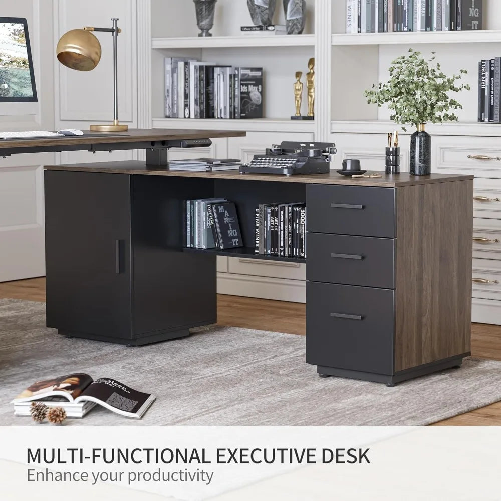 63" L-Shaped Executive Standing Desk with File Cabinet & Adjustable Height