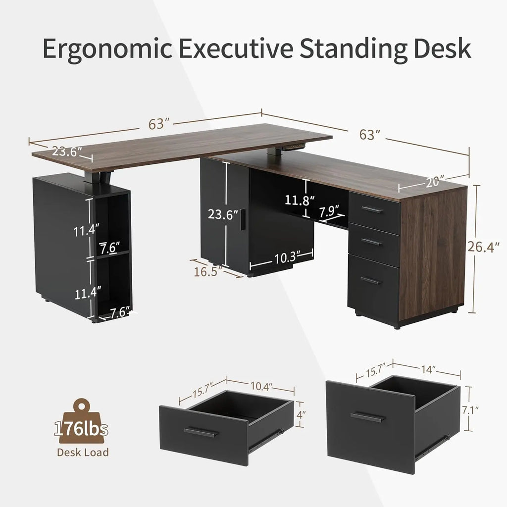 Executive Standing Desk, L Shaped Standing Desk with Storage, Executive Desk Height Adjustable