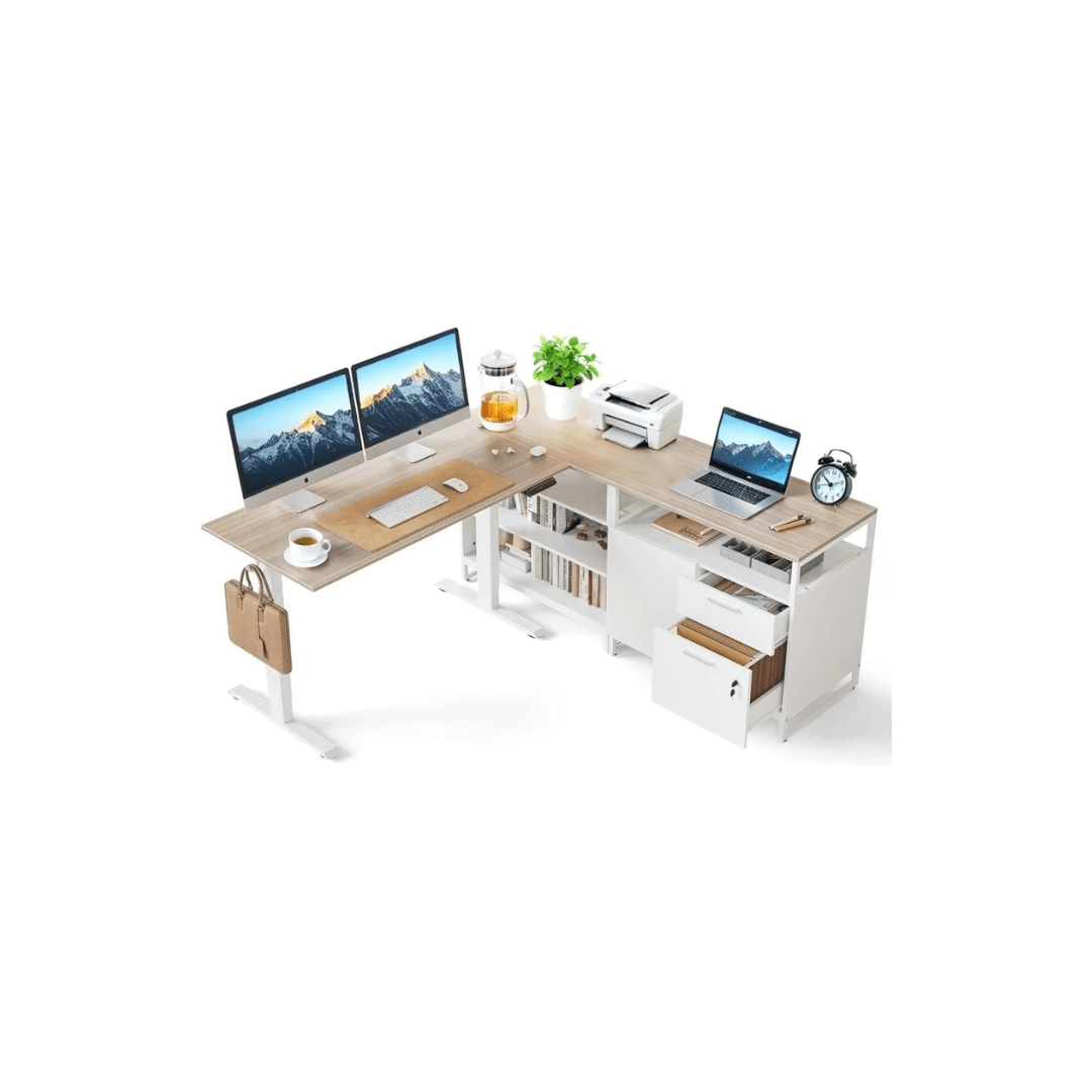 Electric L - Shaped Standing Desk with Storage, Adjustable Executive Desk in Walnut Finishes - Savira Desk - 