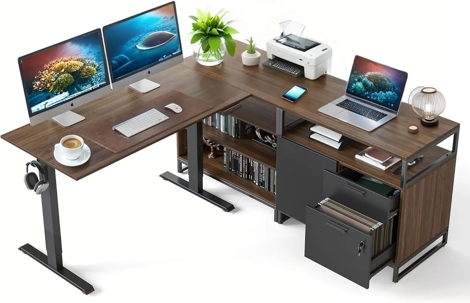 Electric L - Shaped Standing Desk with Storage, Adjustable Executive Desk in Walnut Finishes - Savira Desk - 