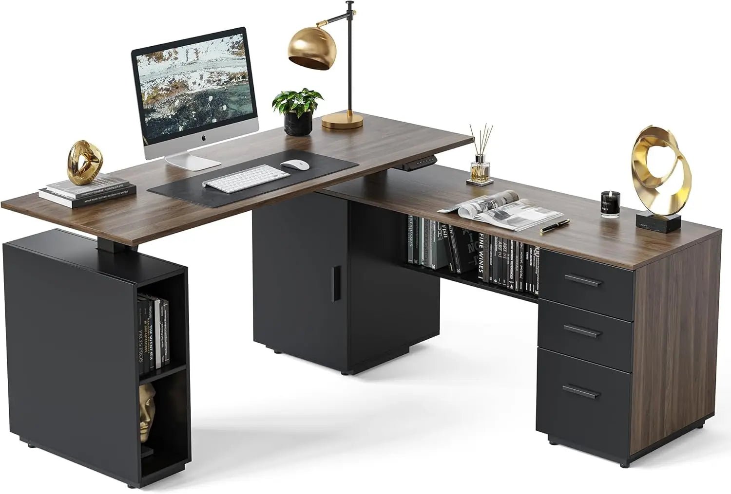 Electric L - Shaped Standing Desk with Storage, Adjustable Executive Desk in Walnut Finishes - Savira Desk - 