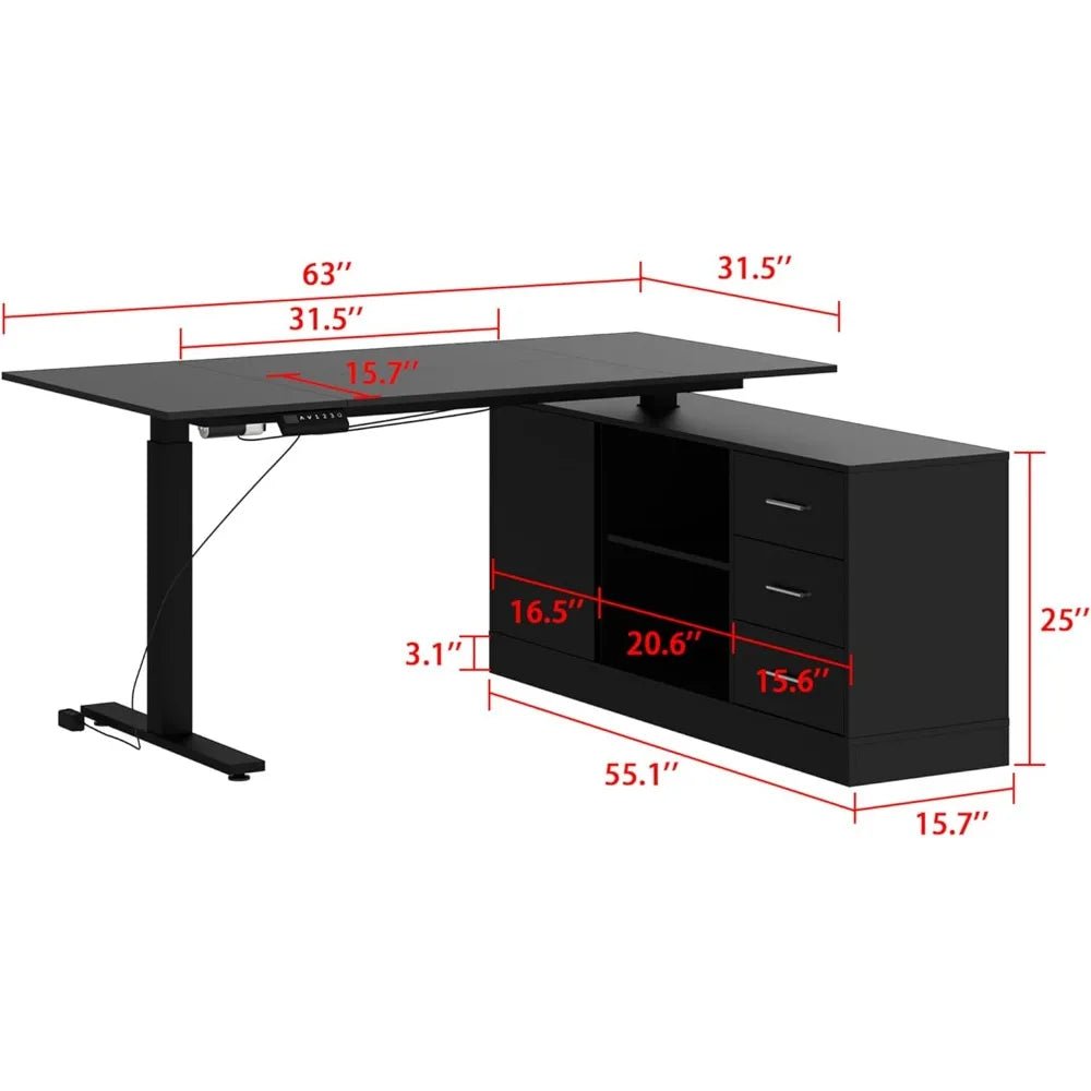 Home Office Electric Standing Desk with Drawers & Shelves, Adjustable Height, Reversible Shape - Savira Desk - 