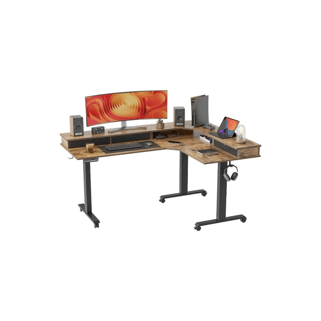 L - Shaped Electric Standing Desk with Drawers, 3 - Motor Lift System - Savira Desk - 