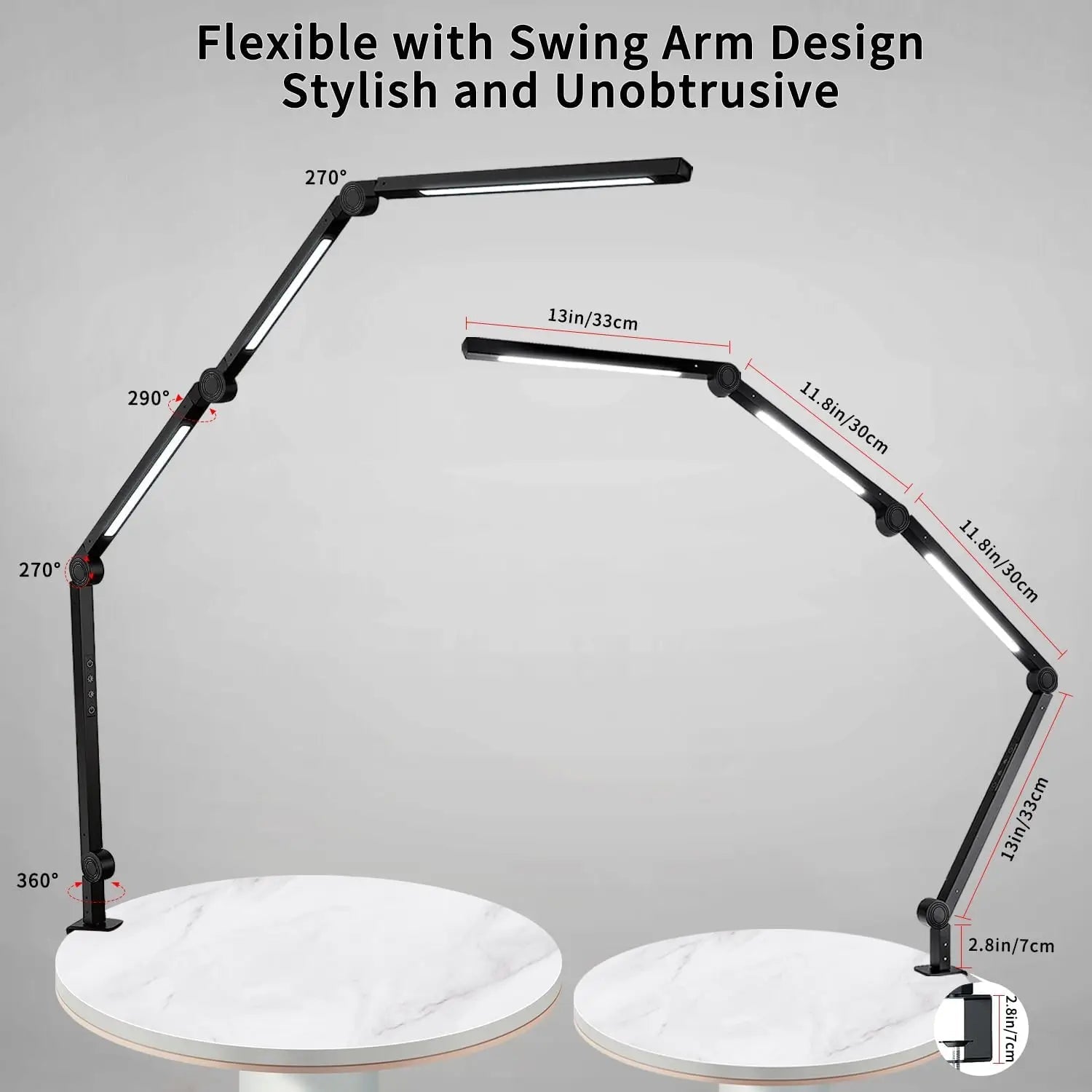 LED Desk Lamp with Clamp – 4 - Section Swing Arm, 3 Light Sources, 4 Color Modes, Touch Control - Savira Desk - 