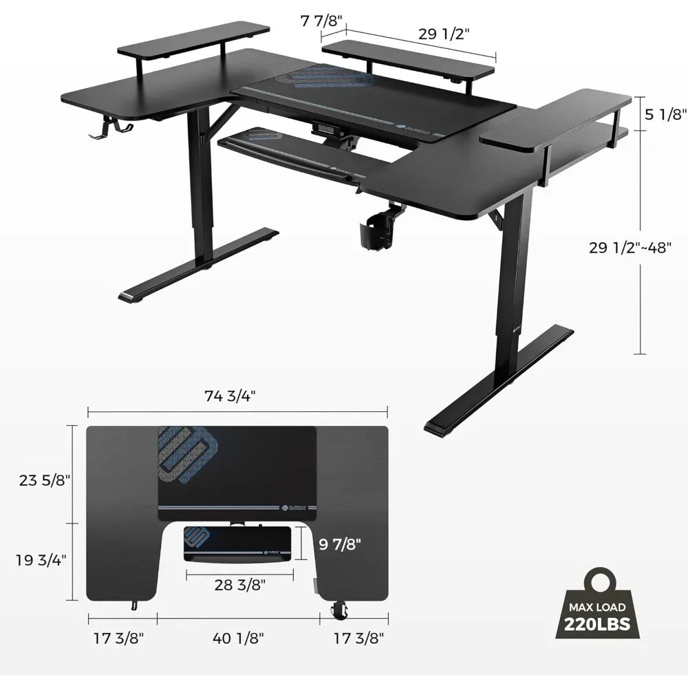 U - Shaped 74 - Inch Electric Standing Desk with Keyboard Tray & Dual Monitor Setup - Savira Desk - 