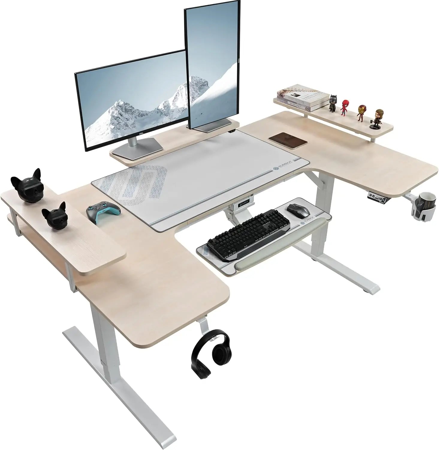 U - Shaped 74 - Inch Electric Standing Desk with Keyboard Tray & Dual Monitor Setup - Savira Desk - 