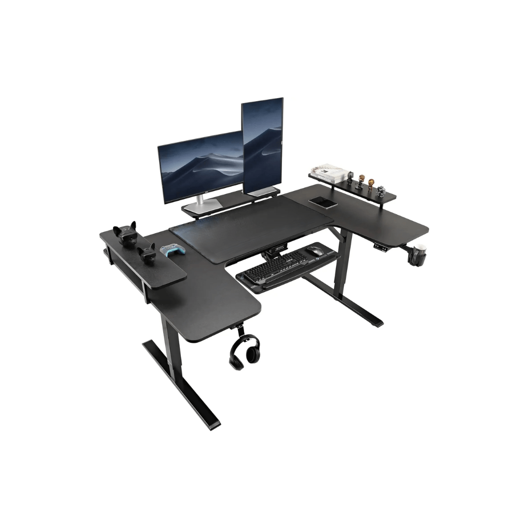 U - Shaped 74 - Inch Electric Standing Desk with Keyboard Tray & Dual Monitor Setup - Savira Desk - 