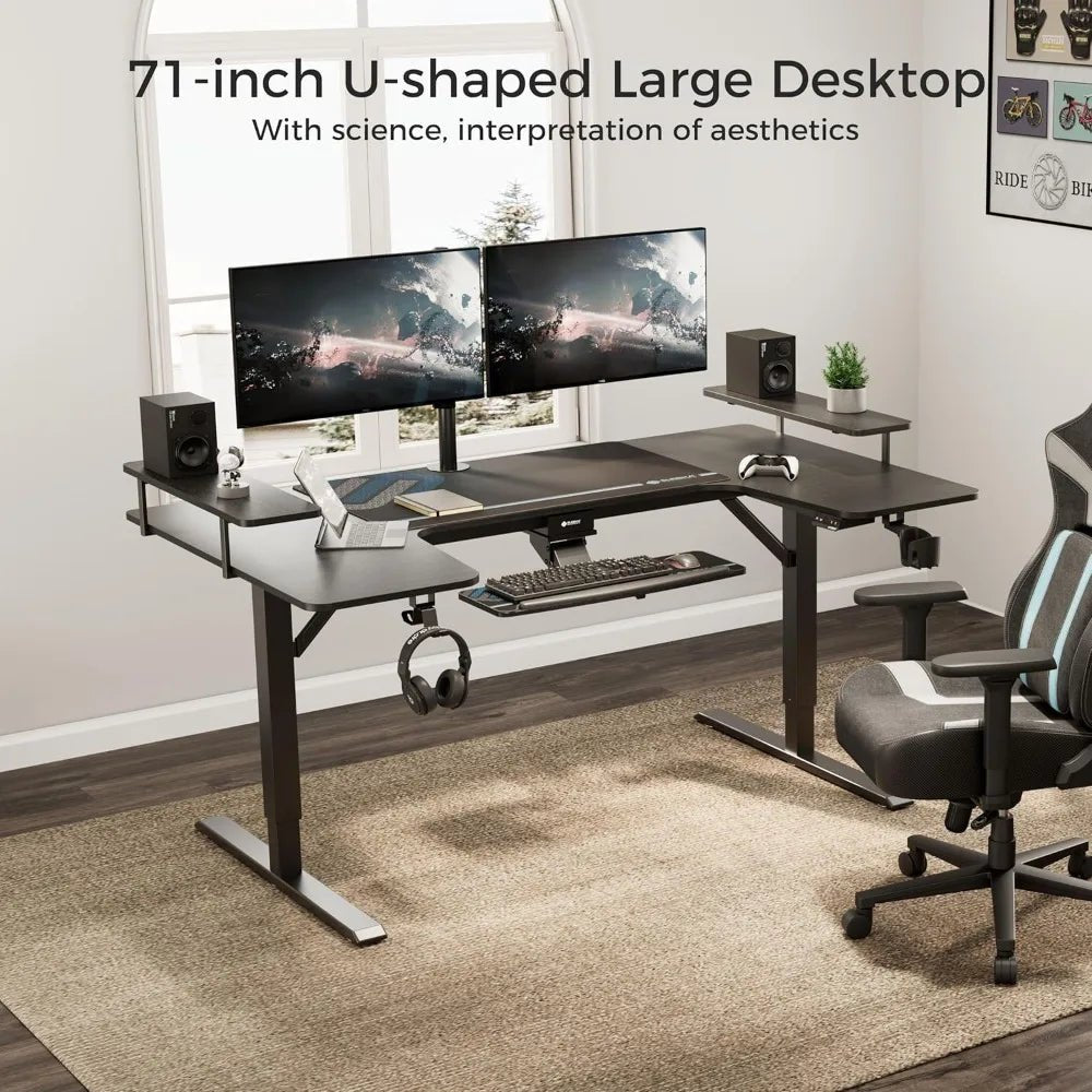 U - Shaped 74 - Inch Electric Standing Desk with Keyboard Tray & Dual Monitor Setup - Savira Desk - 