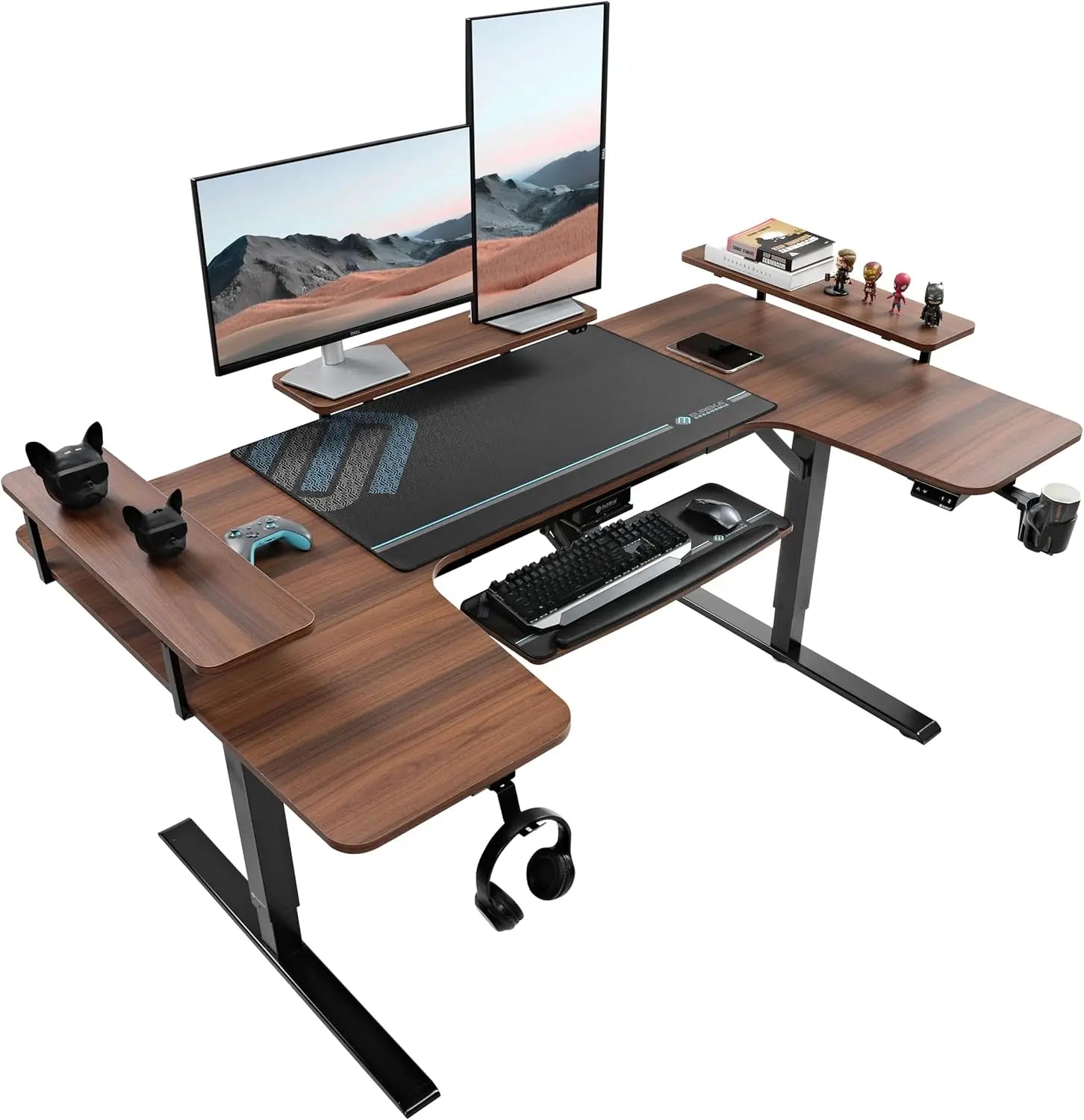 U - Shaped 74 - Inch Electric Standing Desk with Keyboard Tray & Dual Monitor Setup - Savira Desk - 